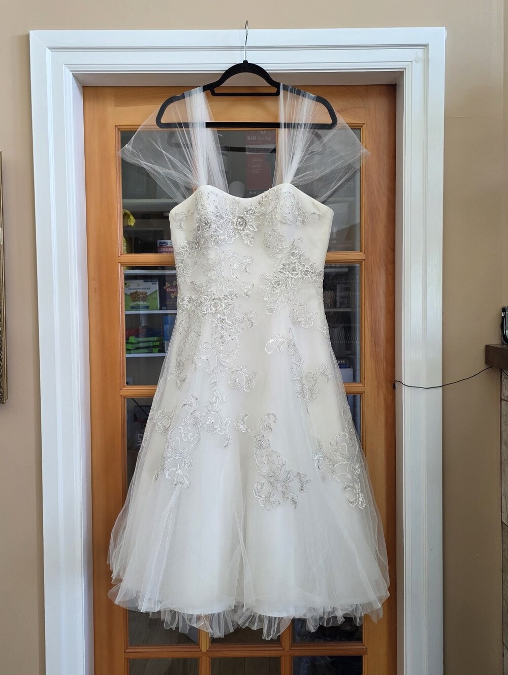 Oleg Cassini Size 12 CPK437 Ivory Tea Length Tulle and Lace Wedding Dress